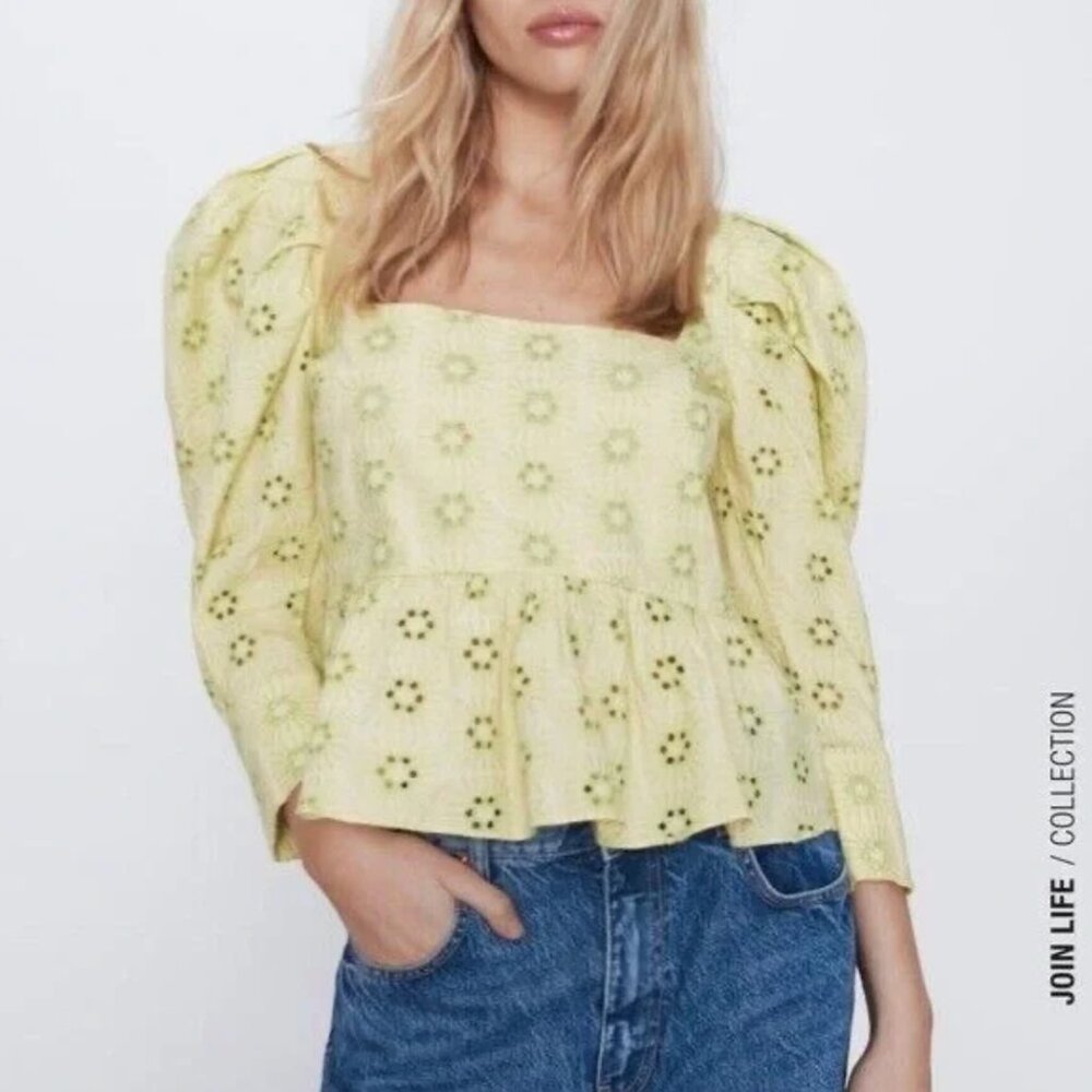 Zara Openwork Embroidered Eyelet Puff Sleeve Top XS